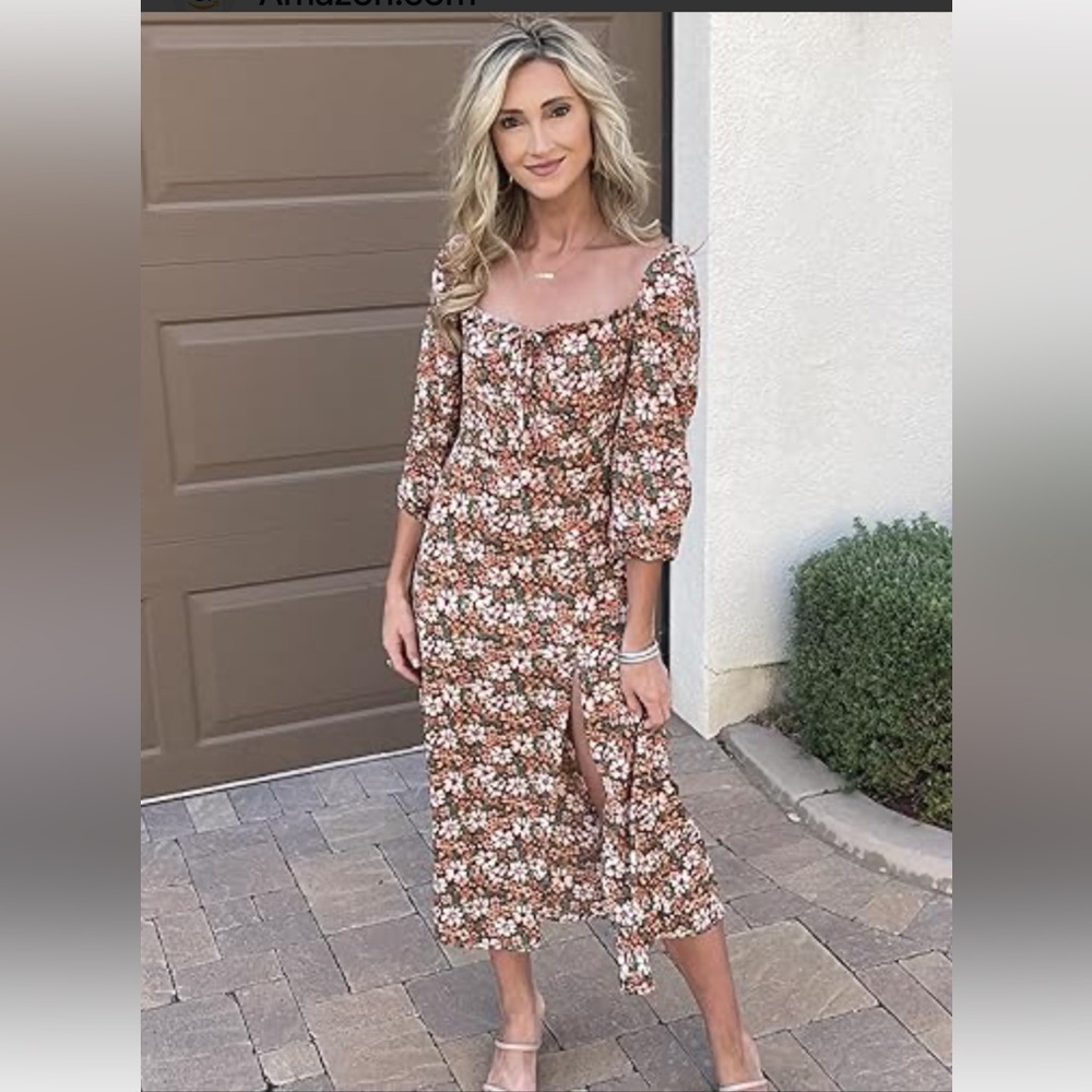 Floral Dress - Peach Brown & Green Sweetheart Neckline with Tie Front & Slit SzS